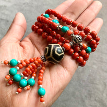Genuine Antique Tibetan Red Coral and Old Dzi bead Mala Necklace
