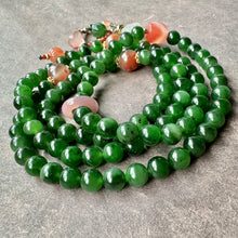 Green Nephrite Jade and NanHong Icy-Float Agate Mala Necklace