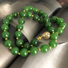 Fine Green Nephrite Jade Beads and 14k Gold and Diamonds Necklace