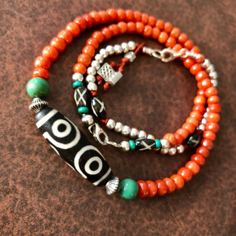 TIBETAN JEWELRY Unique Turquoise, Malachite, Red online Coral, Green Onyx Bead (in the center) - Unique East Indian One of a Kind Gemstone Bracelet