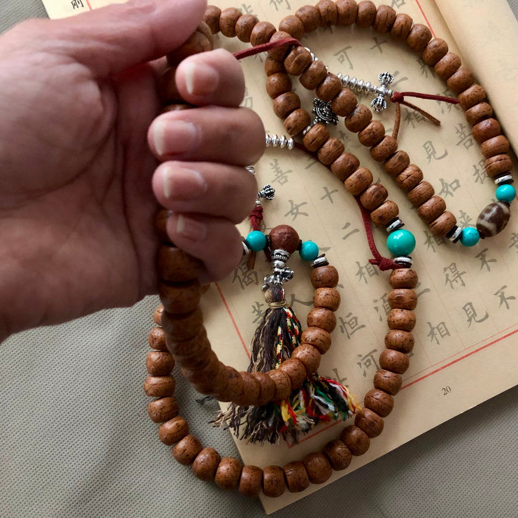 Bodhi Seeds Tibetan Mala with Old Dzi and Turquoise – Ping Amber Jewelry