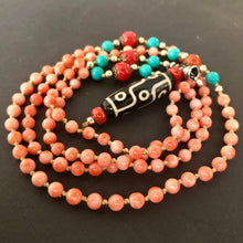 Genuine Antique Angelskin Coral and Dzi bead Mala Necklace