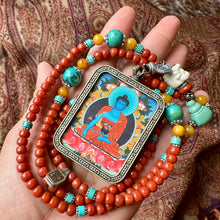 Certified NanHong Agate and Turquoise Mala Necklace with “Medicine Buddha” Thangka Pendant