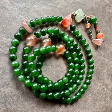 Green Nephrite Jade and NanHong Icy-Float Agate Mala Necklace